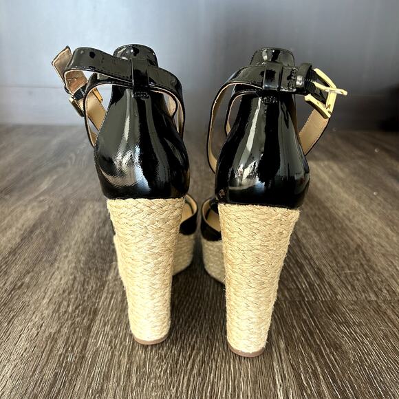 Michael Kors Gabriella Black Patent Leather Espadrille Wedges Platform Sandals - Picture 11 of 16